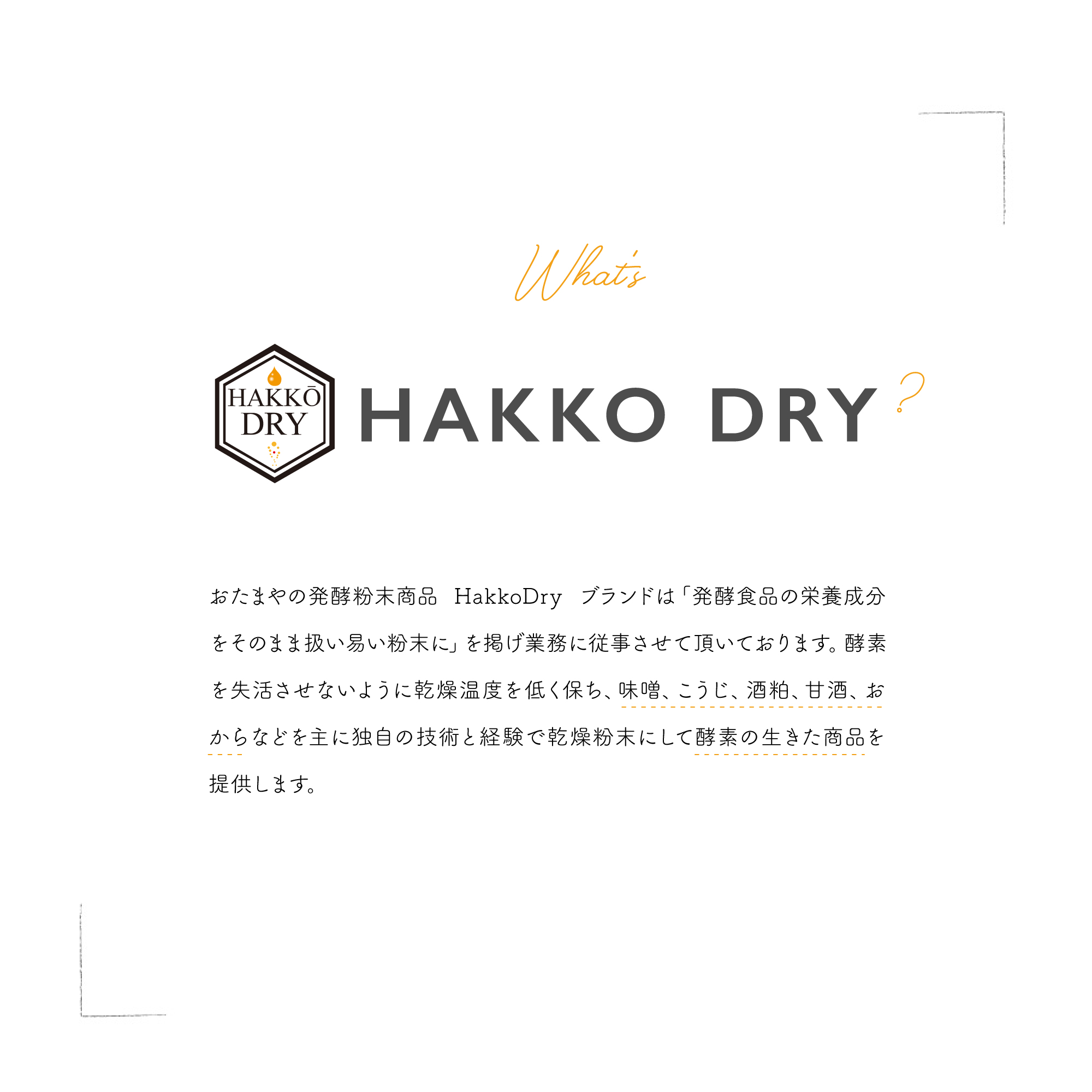 おたまやの発酵粉末商品 HakkoDry ブランドは「発酵食品の栄養成分をそのまま扱い易い粉末に」を掲げ業務に従事させて頂いております。酵素を失活させないように乾燥温度を低く保ち、味噌、こうじ、酒粕、甘酒、おからなどを主に独自の技術と経験で乾燥粉末にして酵素の生きた商品を提供します。